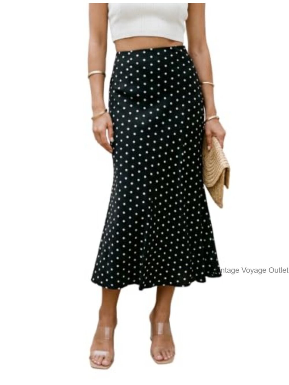 Satin Polka Dot Midi Skirt High Waisted A Line Flowy Women's Skirt